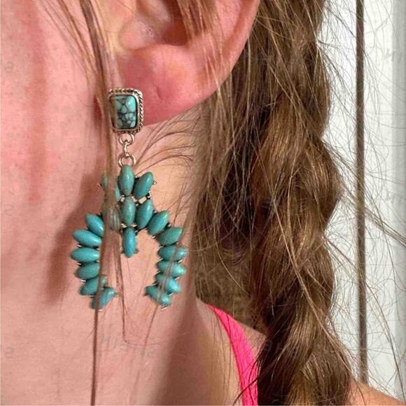 New Turquoise Beaded Stone Dangle Earrings Native‎ Tribal Aztec Western Vintage - Picture 3 of 4